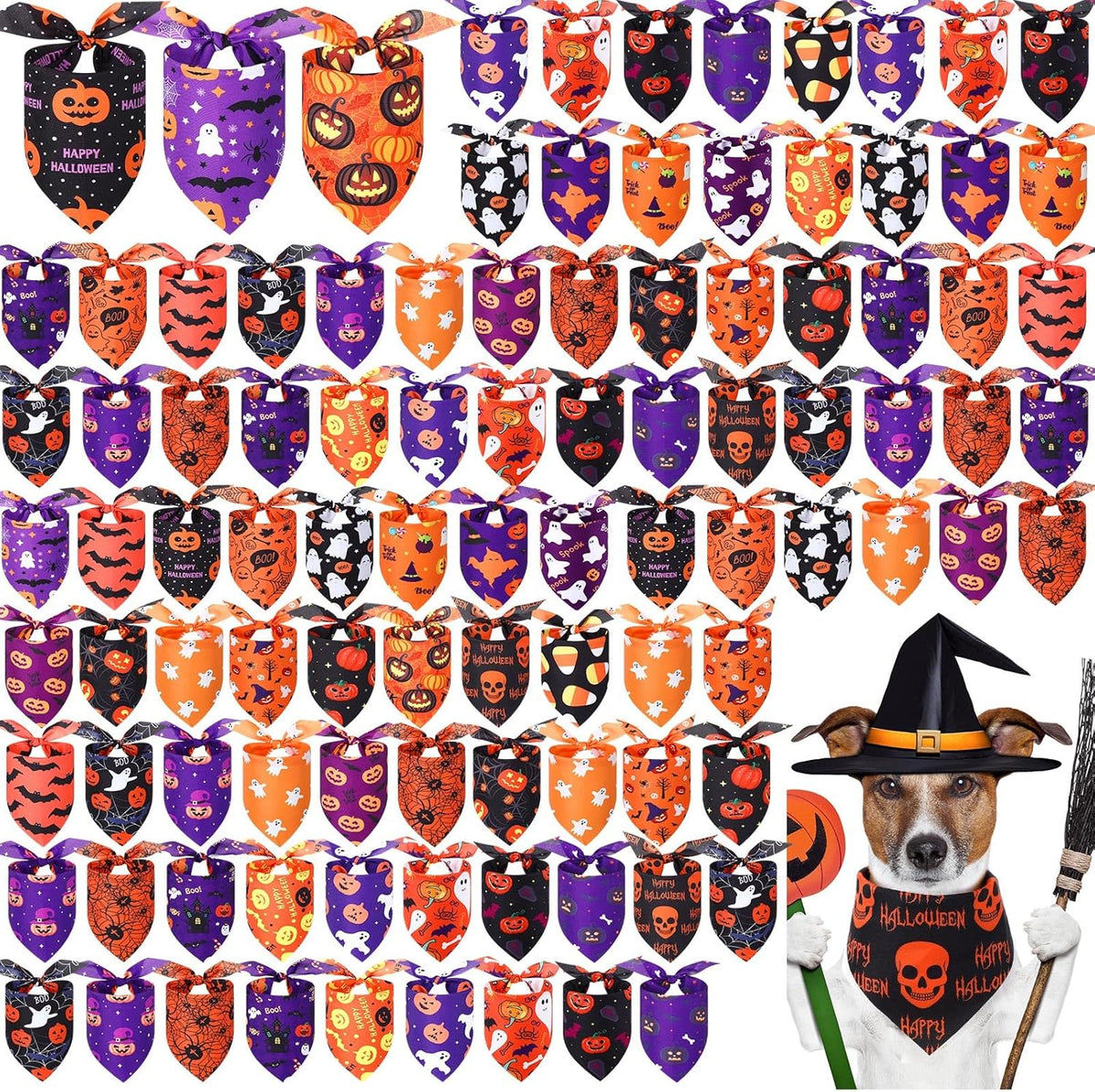 Abbylike 100 Pcs Halloween Dog Bandanas Bulk Pumpkin Bandanas for Dogs Triangle Kerchief Bibs Scarf