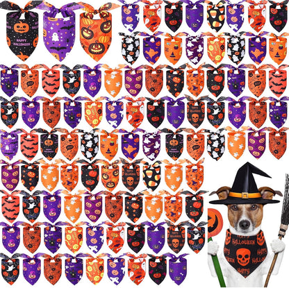 Abbylike 100 Pcs Halloween Dog Bandanas Bulk Pumpkin Bandanas for Dogs Triangle Kerchief Bibs Scarf