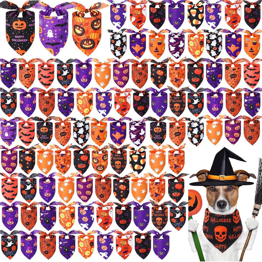 Abbylike 100 Pcs Halloween Dog Bandanas Bulk Pumpkin Bandanas for Dogs Triangle Kerchief Bibs Scarf