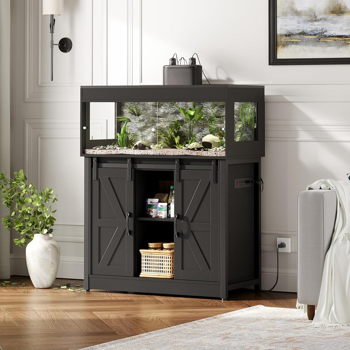 40 Gallon Reptile Terrarium with Stand, Reptile Tank with Barn Door and Storage, Vivarium with