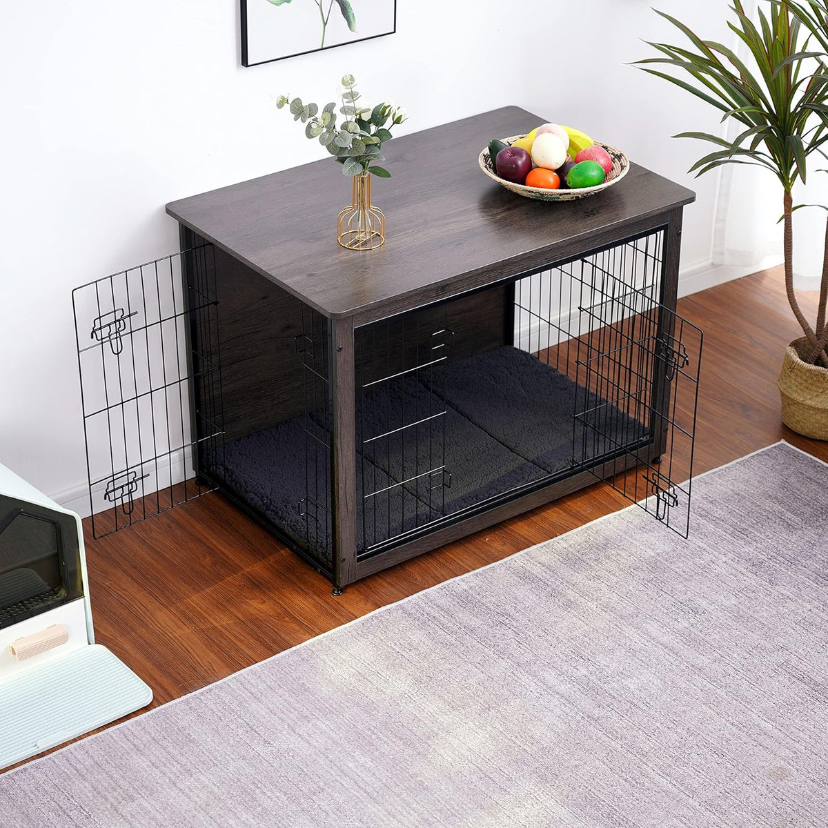 DWANTON Dog Crate Furniture with Cushion, Wooden Kennel Table with Double Doors, Indoor Dog House