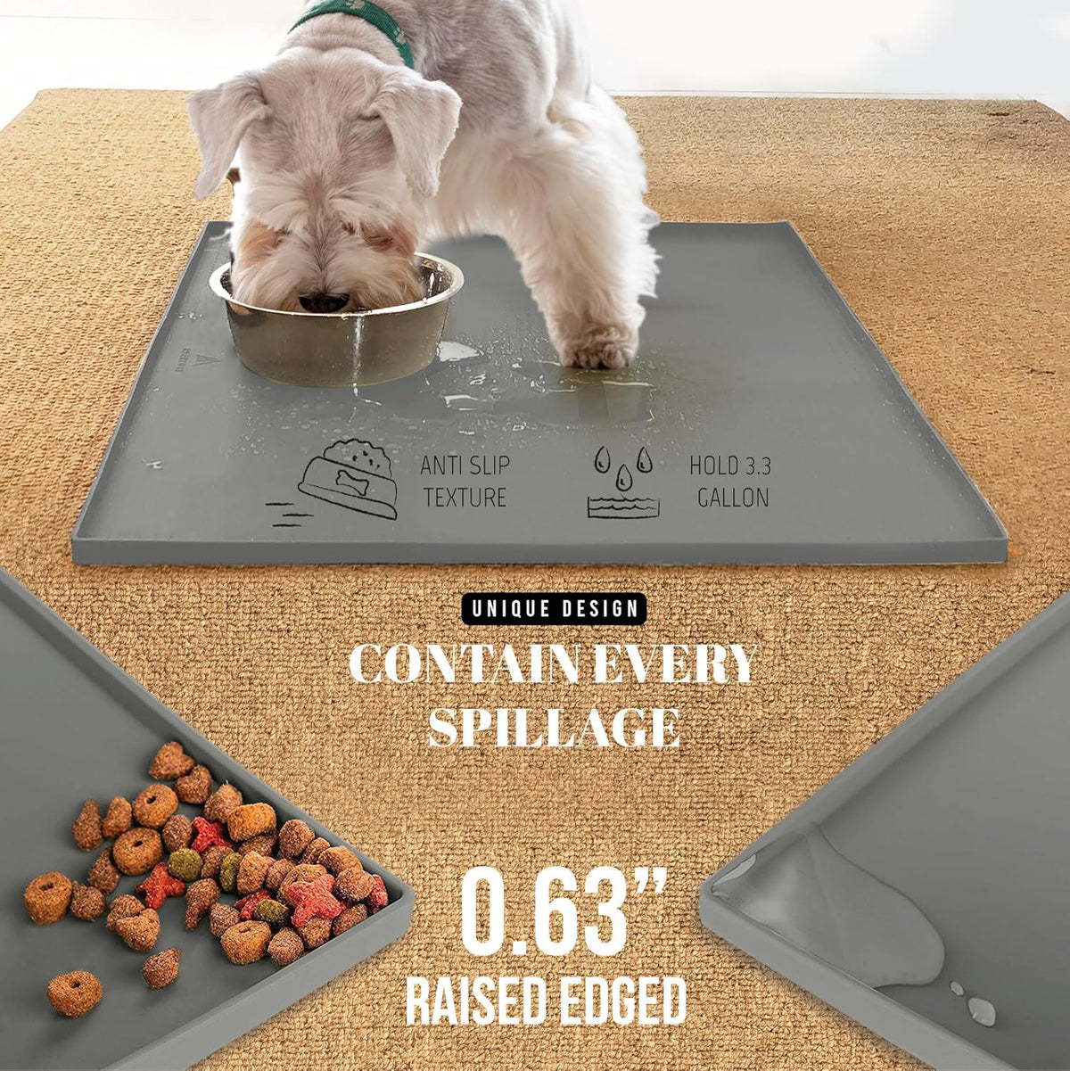 AVERYDAY 18x10'' Silicone Dog Mat for Food and Water, 0.63'' Edge Dog Food Bowl Mats for Floor