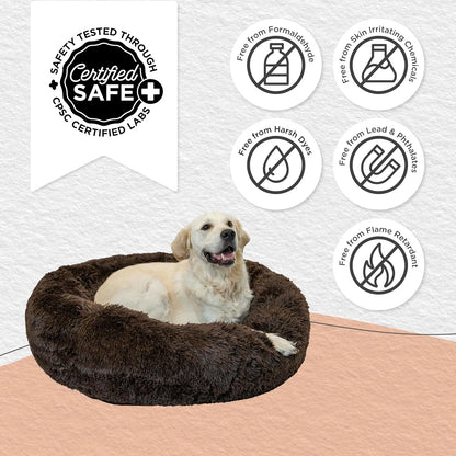 Best Friends by Sheri Original Calming Donut Dog and Cat Bed, Shag Faux Fur, Dark Brown, (36in x