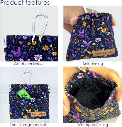 Dog Treat Pouch, Pocket Sized Pet Training Pouch, Cotton Fabric, Hand Free Purple Flower Dog