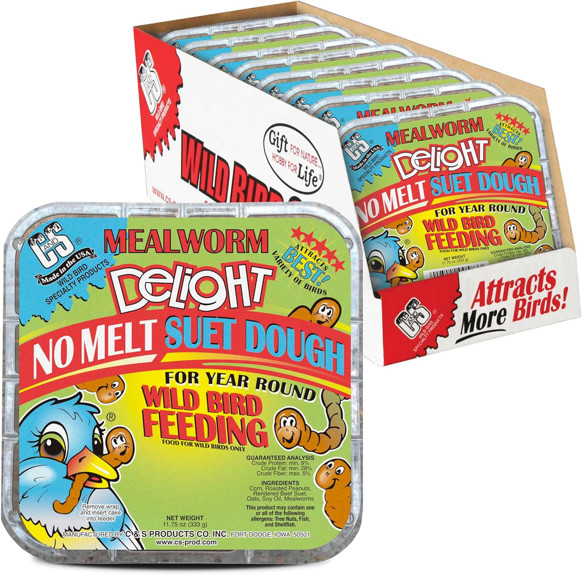 C&S Mealworm Delight No Melt Suet Dough, Suet Cakes for Wild Birds, 11.75 Ounces, Pack of 8
