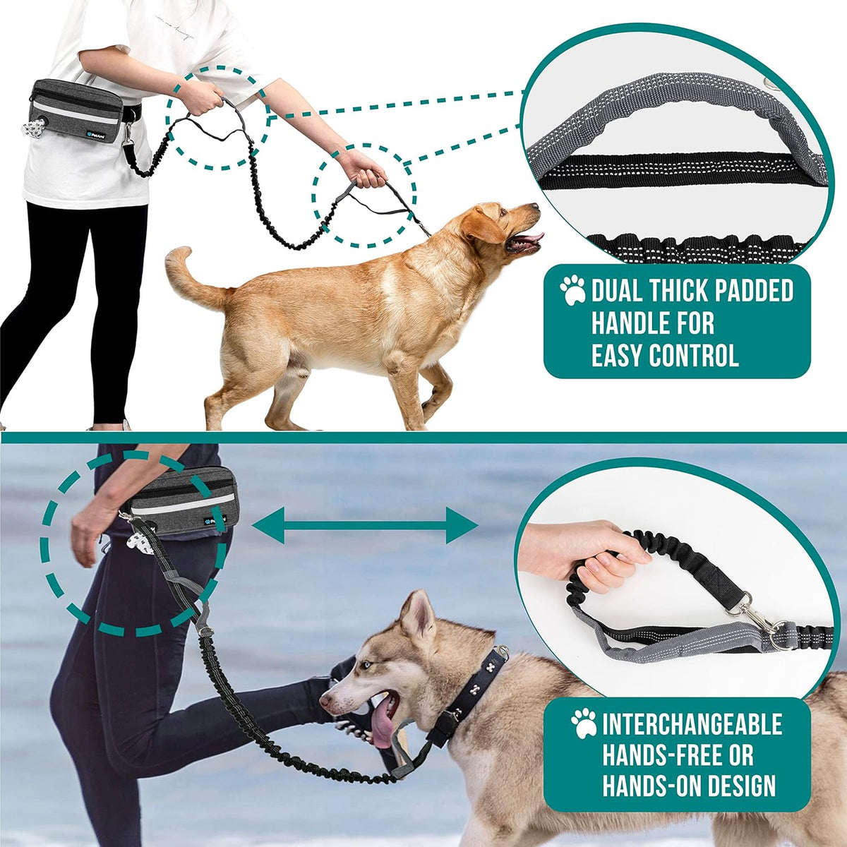 PetAmi Hands Free Dog Leash, Dog Running Leash Belt for Walking, Jogging, Dog Waist Zipper Pouch