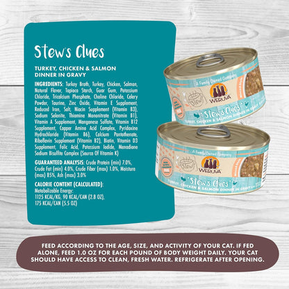Weruva Classic Cat Stews!, Stew's Clues with Turkey, Chicken & Salmon in Gravy, 5.5oz Can (Pack of