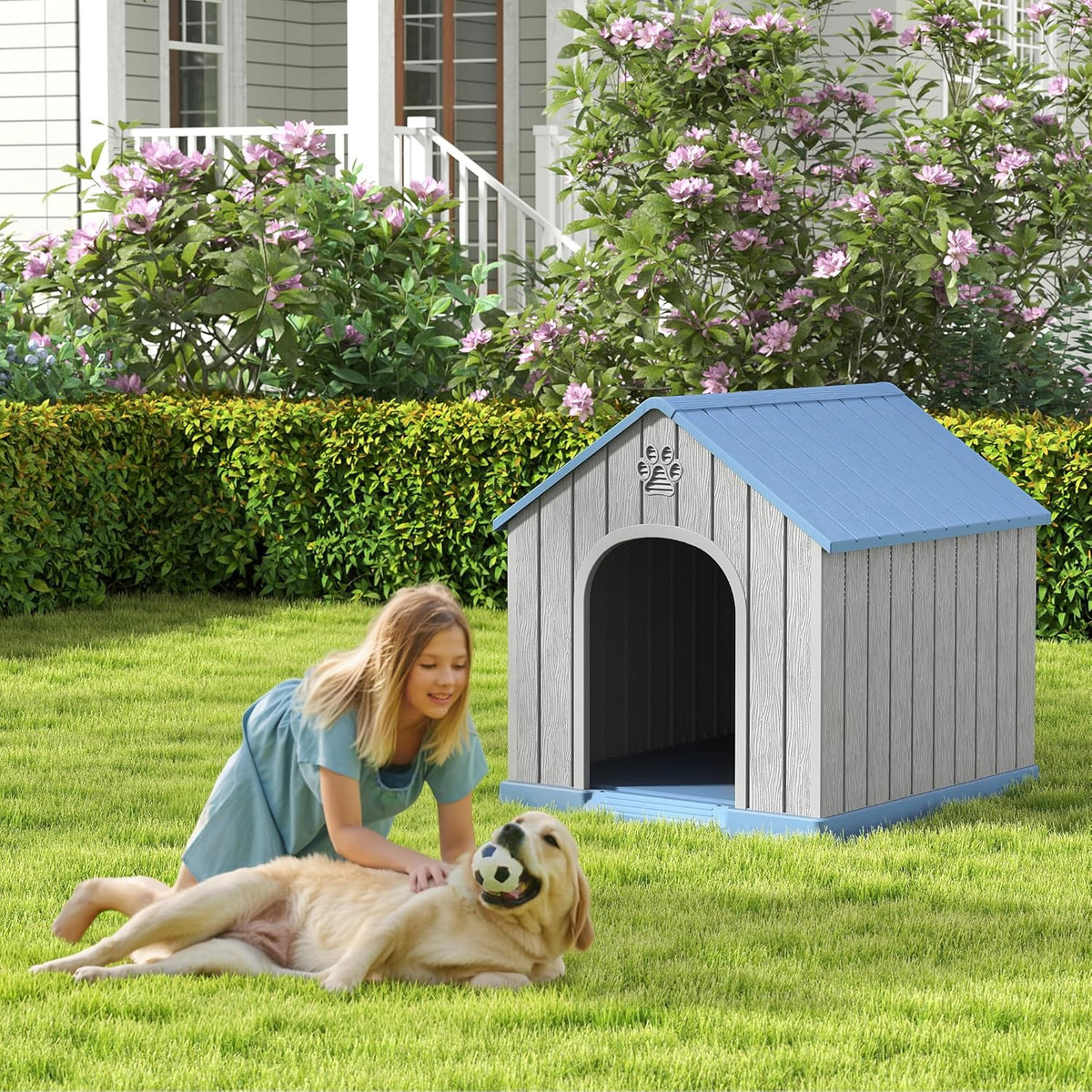 Large Outdoor Plastic Dog House - Indoor Outdoor Use for Medium & Large Dogs, Durable Waterproof