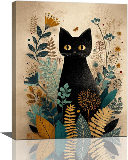 Boho Black Cat Wall Art Kitten Botanical Wall Decor Mid Century Modern Canvas Painting Print