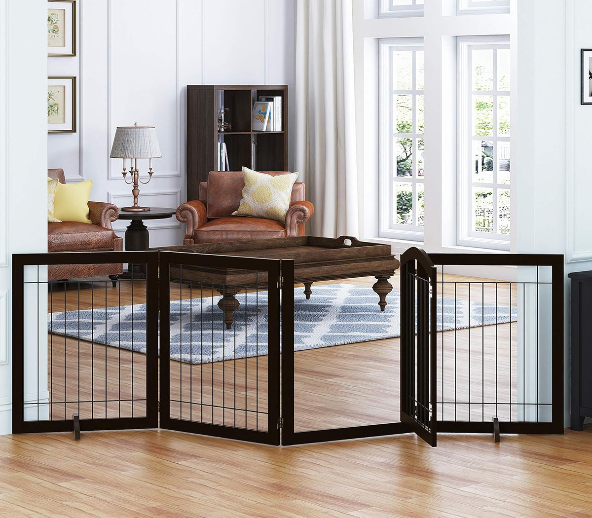 SPIRICH 96-inch Extra Wide 30-inches Tall Dog Gate with Door Walk Through, Freestanding Wire Pet
