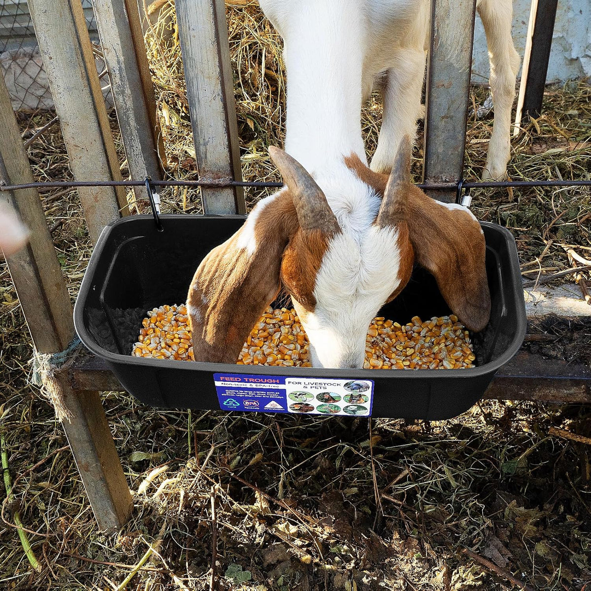 Goovilla Large Feed Trough, Hanging or Screw-in Fence Feeder with Clips, 2 Pack 9 Quart Goat Feeder
