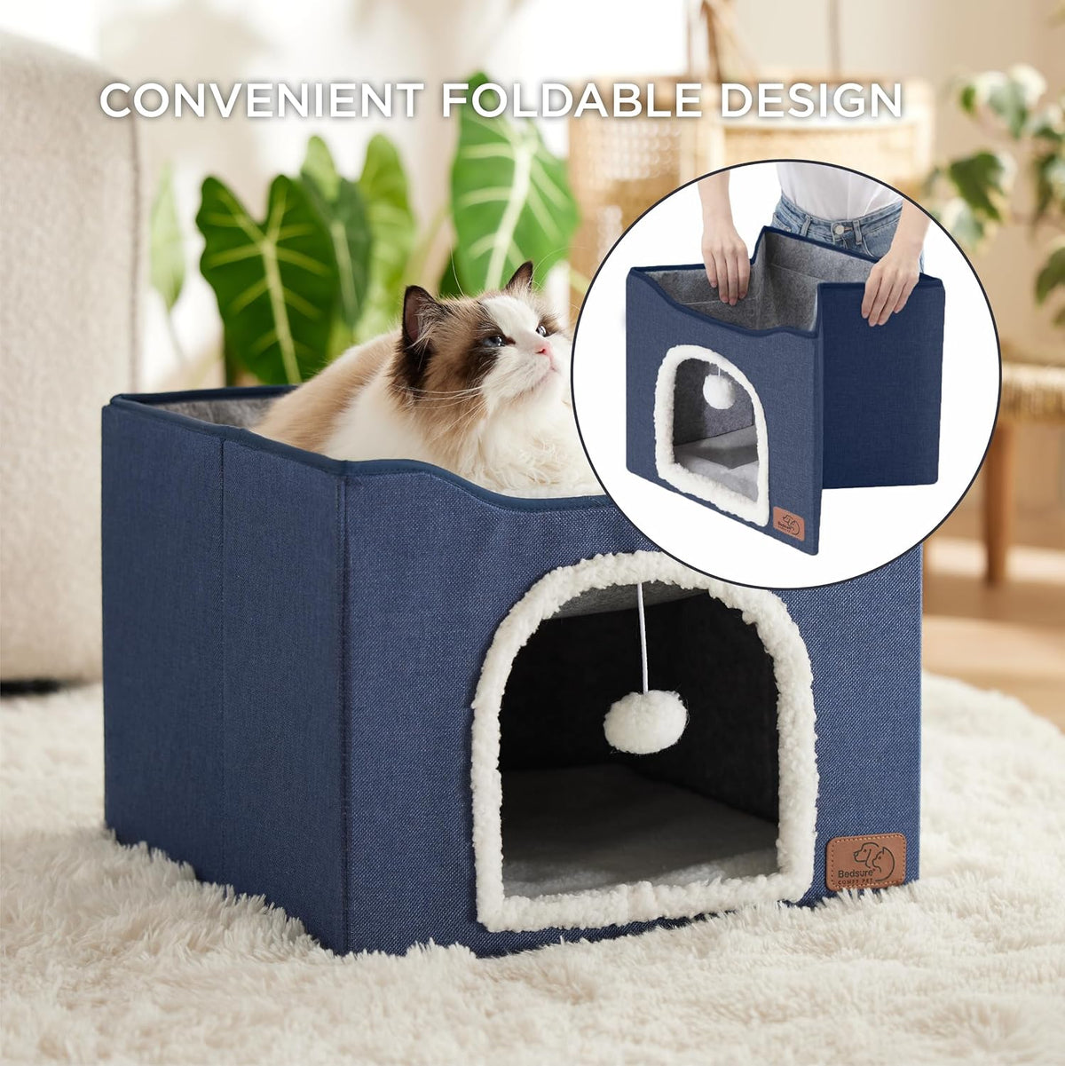 Bedsure Cat Beds for Indoor Cats - Large Cat Cave for Pet Cat House with Fluffy Ball Hanging and