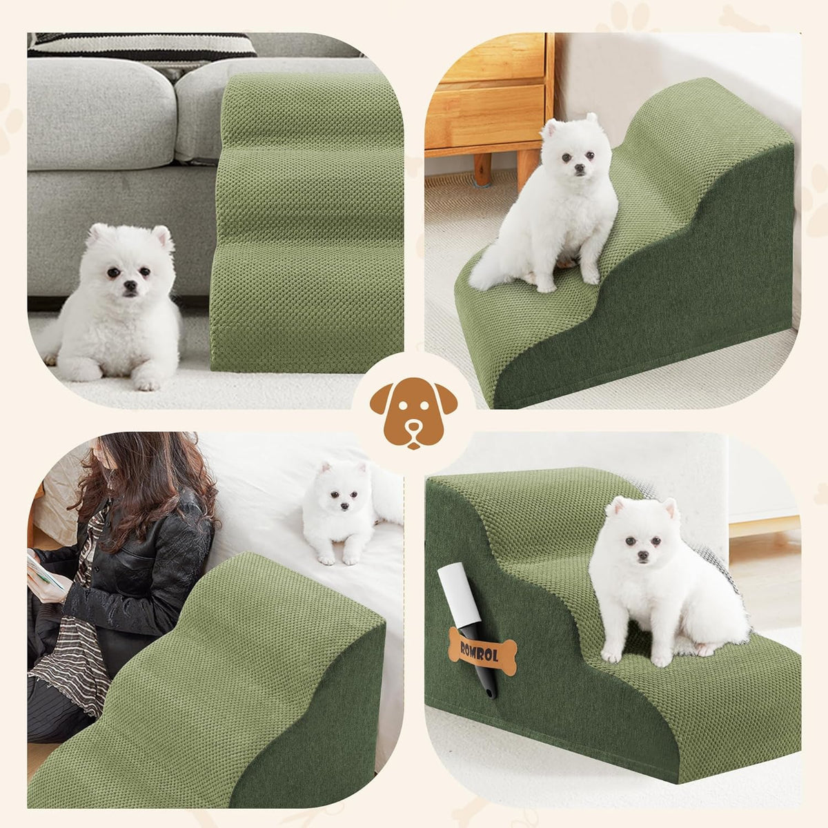 Romrol Dog Stairs Ramp for High Beds Couches, High Density Foam Pet Steps with Durable Non-Slip