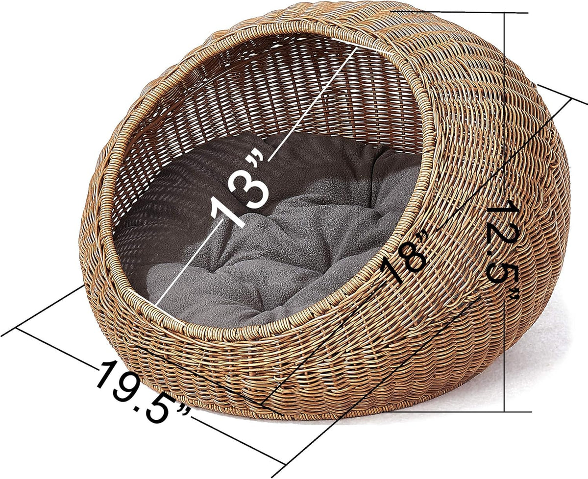 D+GARDEN Wicker Cat Bed Dome for Medium Indoor Cats - a Covered Cat Hideaway Hut of Faux Rattan