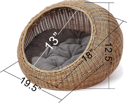 D+GARDEN Wicker Cat Bed Dome for Medium Indoor Cats - a Covered Cat Hideaway Hut of Faux Rattan