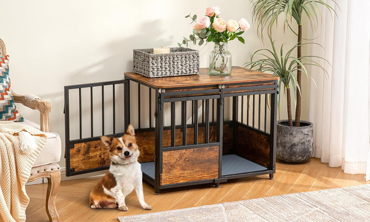 KOOPRO 32 Inch Dog Crate Furniture with Cushion for Large Medium Dogs, Wooden Heavy Duty Dog Kennel