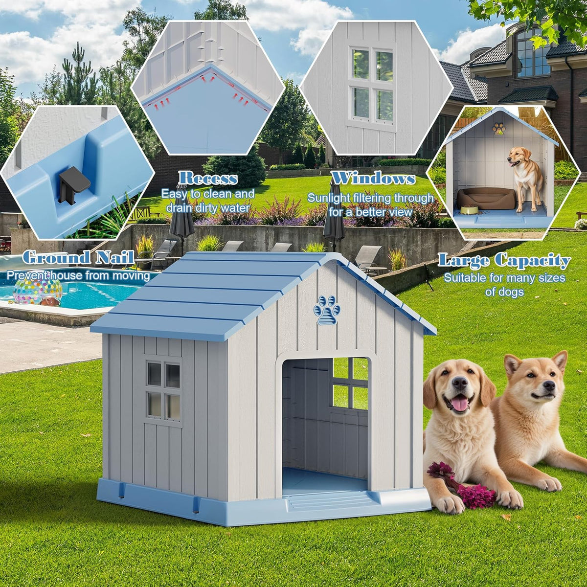 Large Dog House Outdoor Indoor for Medium Large Dogs, Durable Plastic Waterproof Doghouse with Air