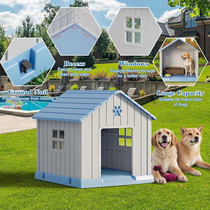 Large Dog House Outdoor Indoor for Medium Large Dogs, Durable Plastic Waterproof Doghouse with Air