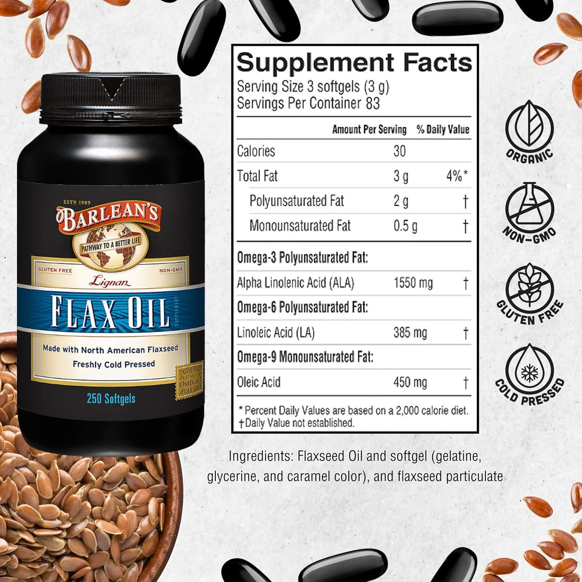 Barlean's Lignan Flaxseed Oil Softgels, Cold-Pressed Flax Seed Supplement with 1,550 mg ALA Omega-3