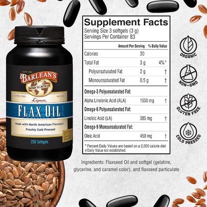 Barlean's Lignan Flaxseed Oil Softgels, Cold-Pressed Flax Seed Supplement with 1,550 mg ALA Omega-3