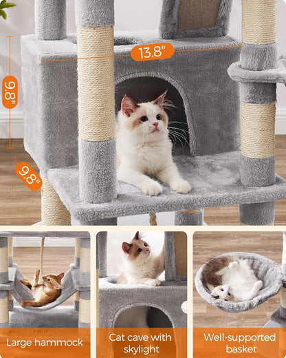 Feandrea Cat Tree, 66.1-Inch Large Cat Tower with 13 Scratching Posts, 2 Perches, 2 Caves, Basket