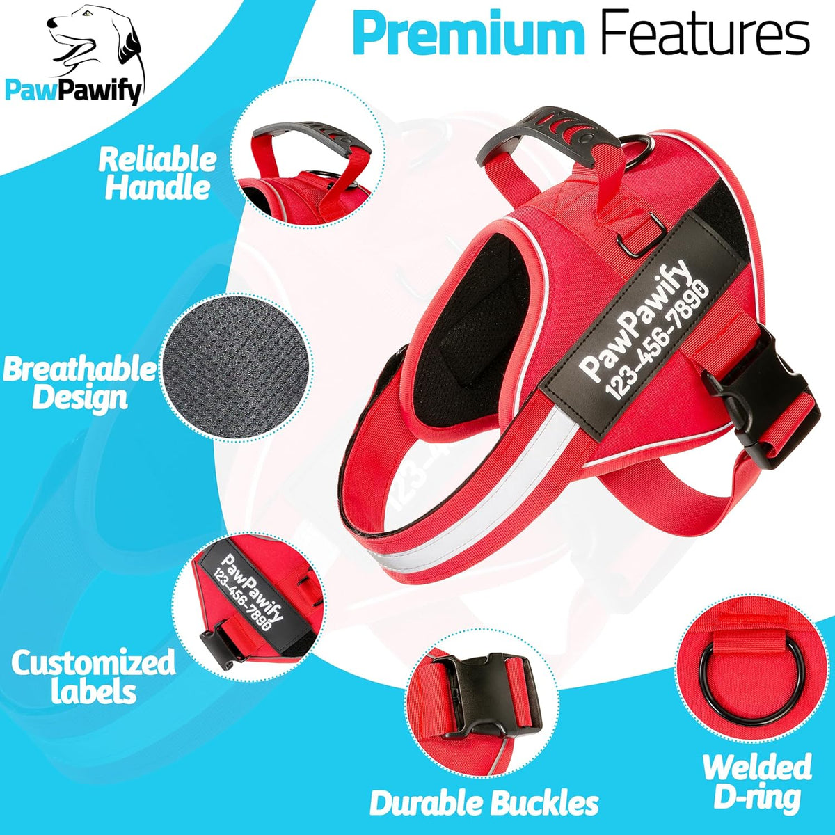 PawPawify Custom No Pull Dog Harness with Name and Phone Number, Heavy Duty Personalized Pet Vest