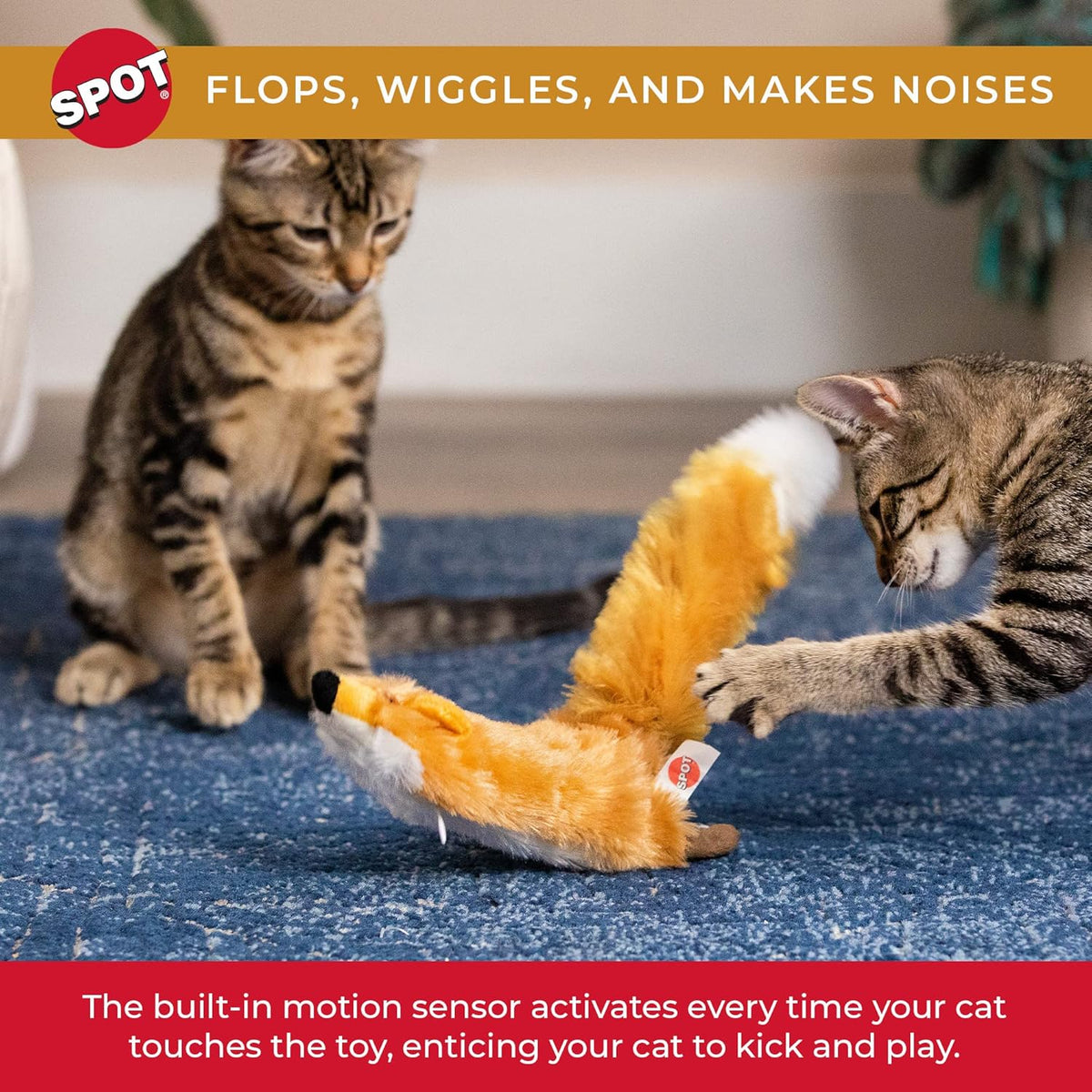 SPOT Flippin’ Skinneeez Fox - Interactive Cat Toy with Catnip - Touch Activated Flopping, Wiggling