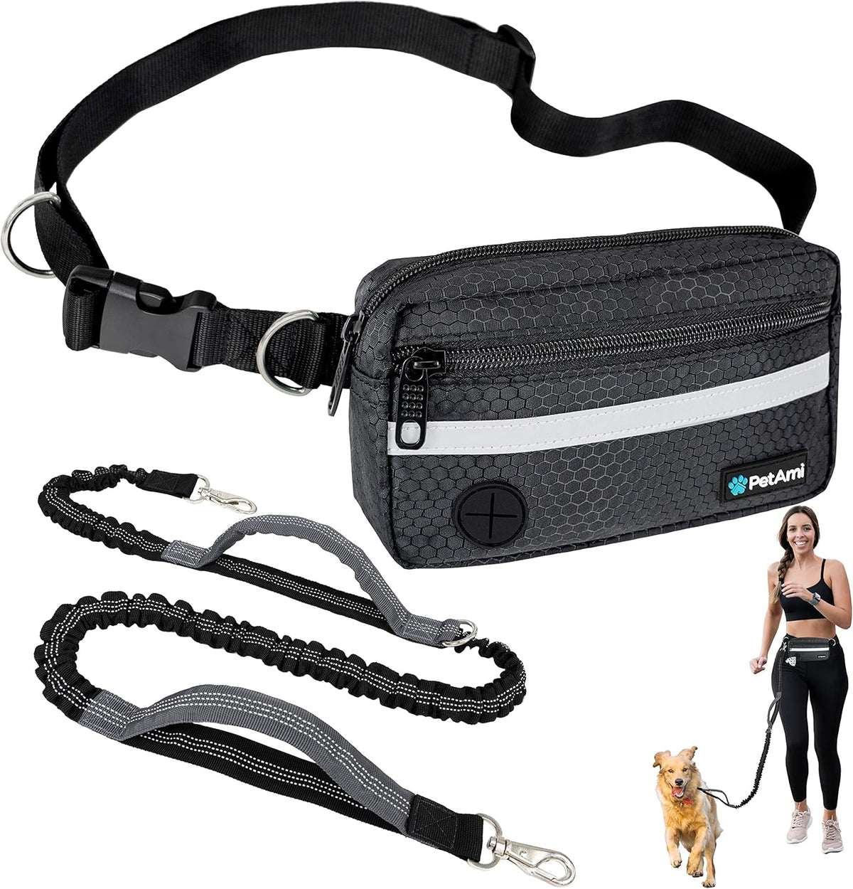 PetAmi Hands Free Dog Leash, Dog Running Leash Belt for Walking Jogging, Dog Waist Zipper Pouch