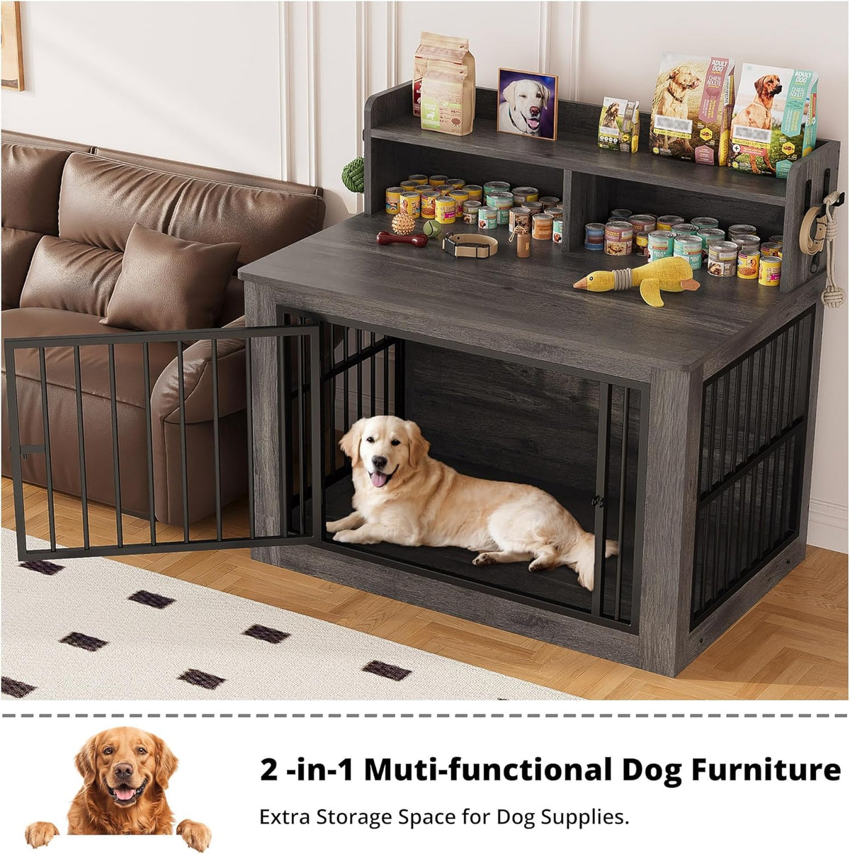 IRONCK Extra Large Dog Crate Furniture, 43.3 inches Wooden Dog Crate with Storage and 4 Hooks