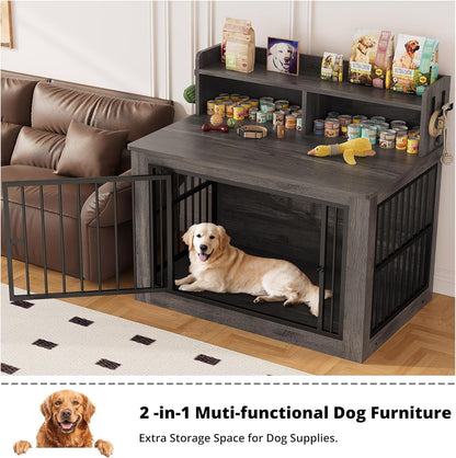 IRONCK Extra Large Dog Crate Furniture, 43.3 inches Wooden Dog Crate with Storage and 4 Hooks