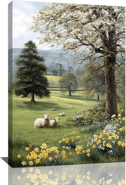 Country Sheep Canvas Wall Decor Farmhouse Rustic Lamb Wildflower Wall Art Nature Countryside