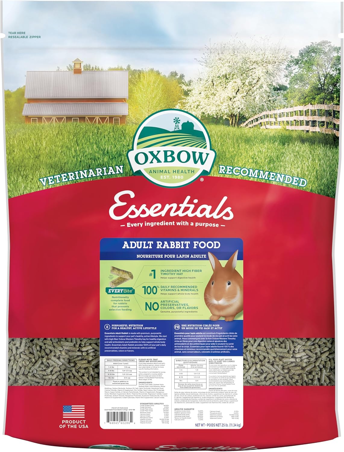 Oxbow Essentials Rabbit Food, Adult, Made with Oxbow Timothy Hay for Rabbit, Pet Pellets with