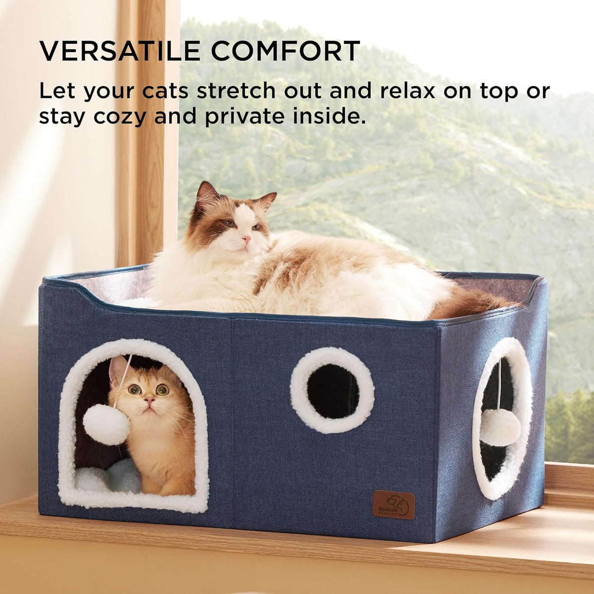 Bedsure Large Cat Beds for Indoor Cats - Extra Wide Cat Cube House for Small Pet with Fluffy Ball