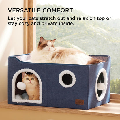Bedsure Large Cat Beds for Indoor Cats - Extra Wide Cat Cube House for Small Pet with Fluffy Ball