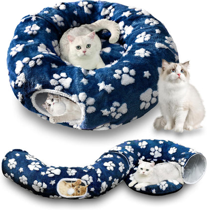 Cat Tunnel for Indoor Cats, Cute Peekaboo Cat Cave with Dangling Balls, Pet Donut Tunnel Bed with