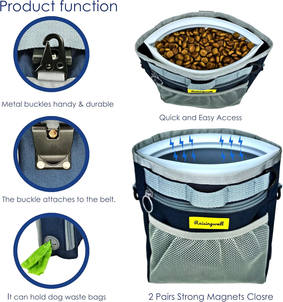 Dog Treat Pouch with Magnetic Closure 4-Cup Silicone Bag Fanny Pack Holder with Clicker 4 Ways to