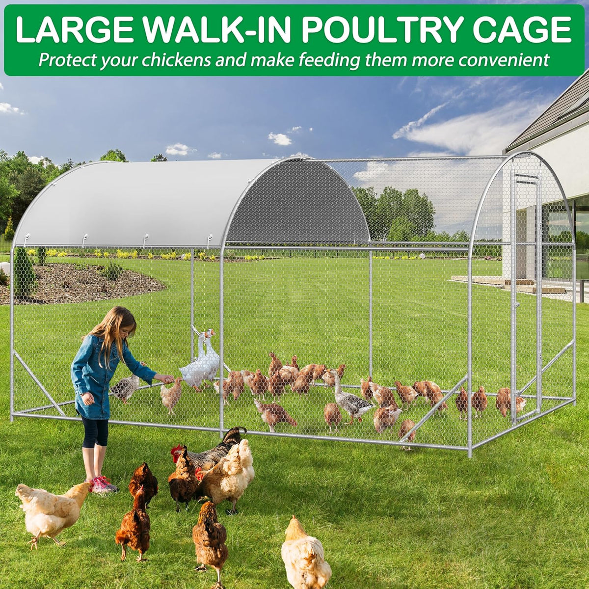 Large Metal Chicken Coop, Walk-in Chicken Run Pen with Waterproof Cover, Dome Roof Poultry Cage for
