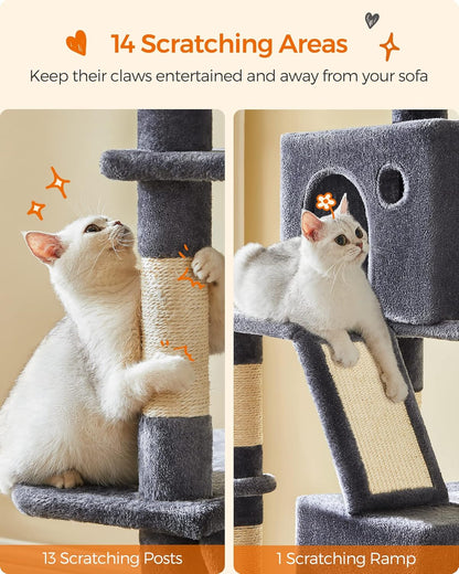 Feandrea Cat Tree, 81.1-Inch Large Cat Tower with 13 Scratching Posts, 2 Perches, 2 Caves, Basket