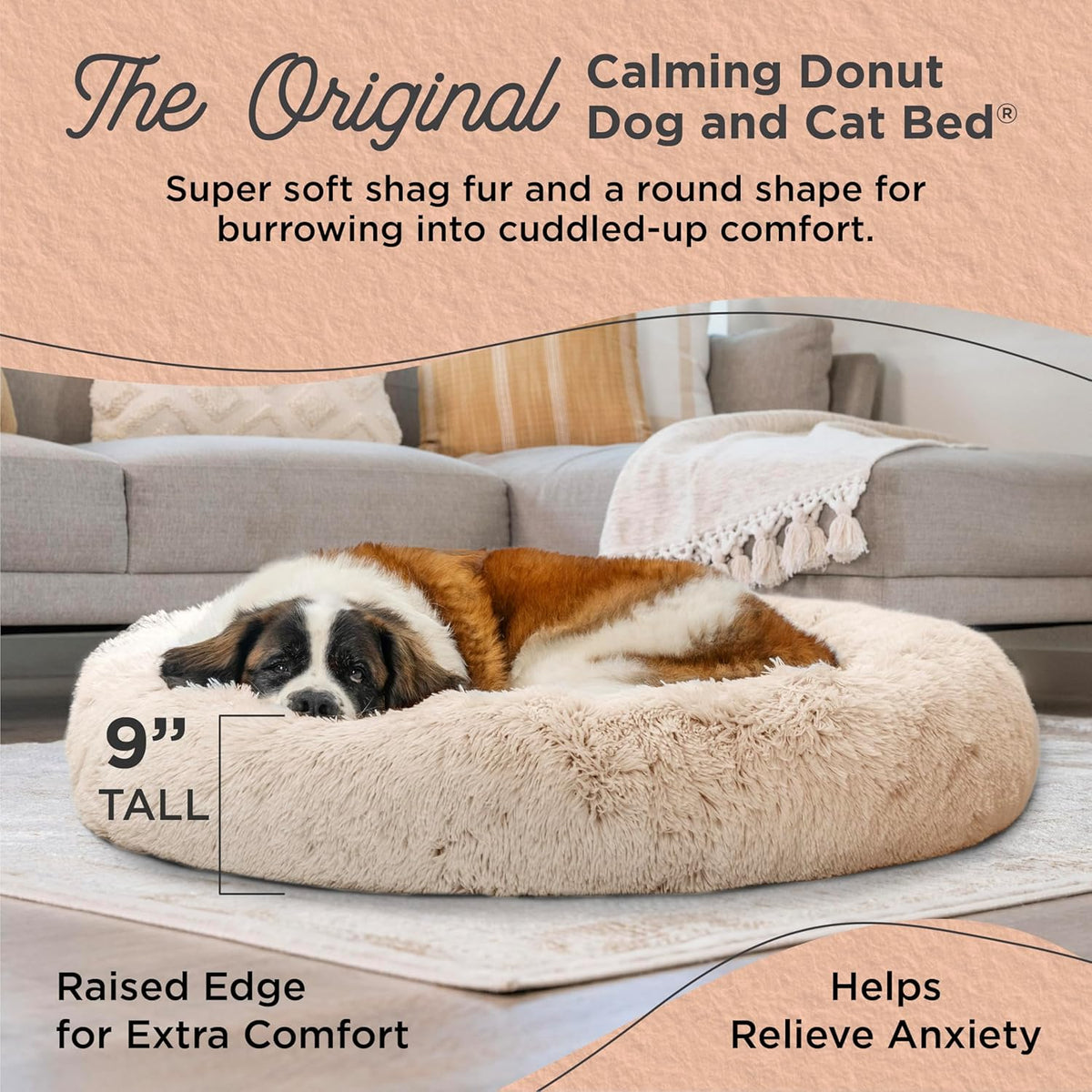 Best Friends by Sheri Original Calming Donut Dog and Cat Bed, Shag Faux Fur, Taupe, XL (45in x