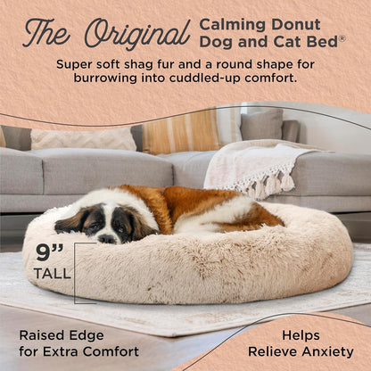 Best Friends by Sheri Original Calming Donut Dog and Cat Bed, Shag Faux Fur, Taupe, XL (45in x