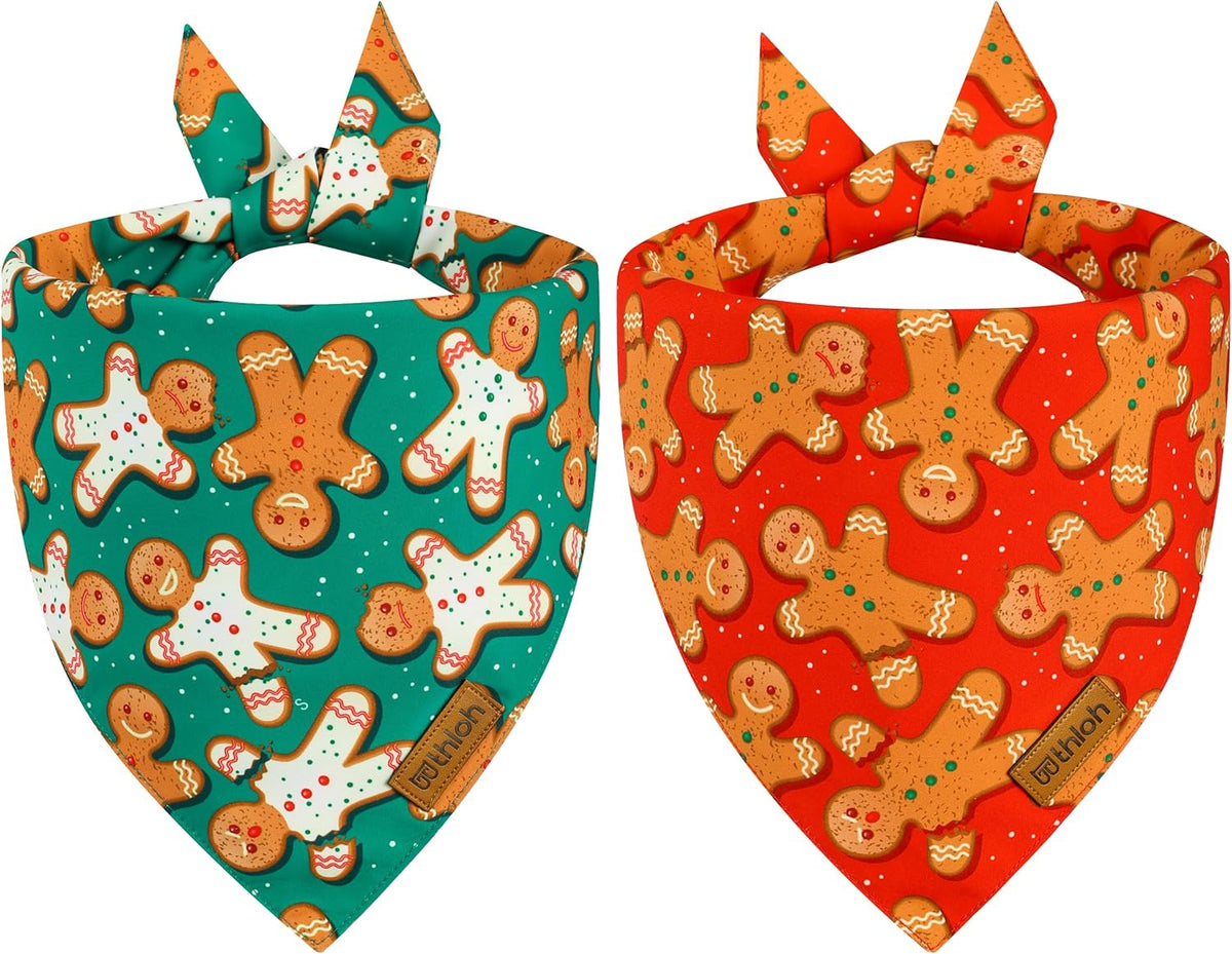 Christmas Dog Bandanas - 2 Pack Reversible Gingerbread Man Dog Scarf for Boy & Girl, Premium