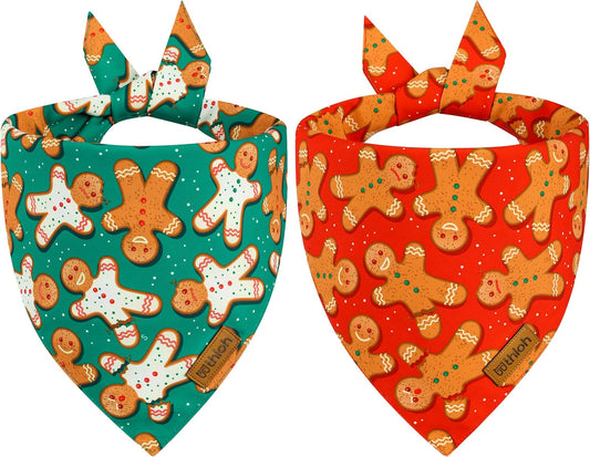 Christmas Dog Bandanas - 2 Pack Reversible Gingerbread Man Dog Scarf for Boy & Girl, Premium