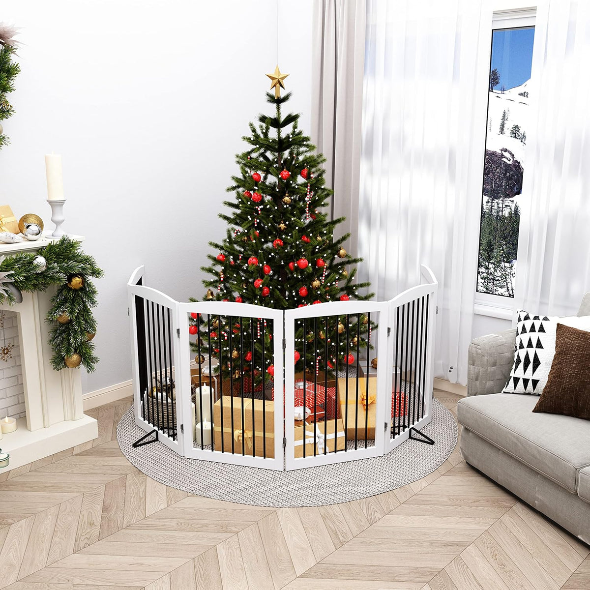 Freestanding Pet Gate for Dogs, Indoor Wooden Foldable Dog Gate for House, Extra Wide, Pet Fence