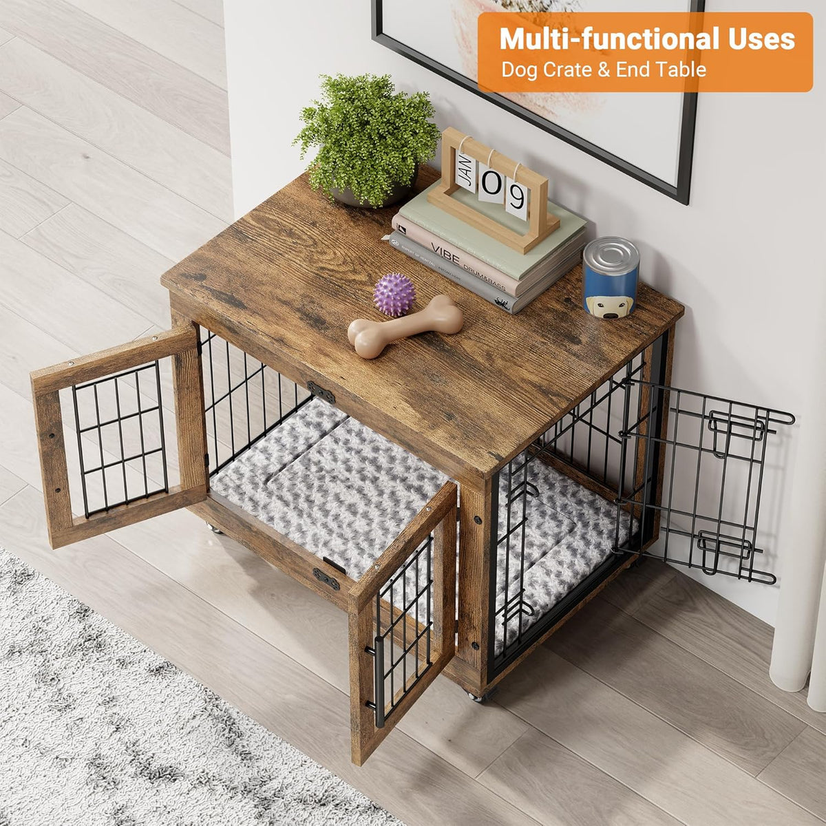 Lulive Small Dog Crate Furniture, Dog Kennel Indoor Double Doors Wooden Dog Cage, 27.1'' Heavy Duty