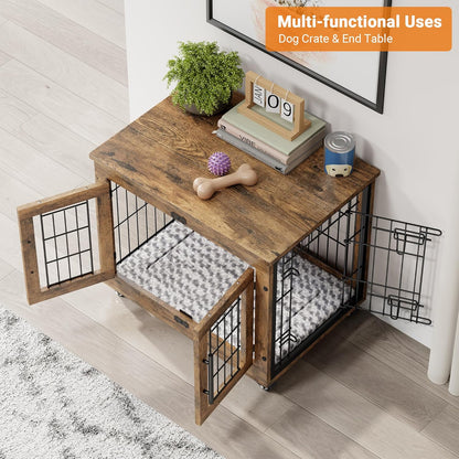 Lulive Small Dog Crate Furniture, Dog Kennel Indoor Double Doors Wooden Dog Cage, 27.1'' Heavy Duty