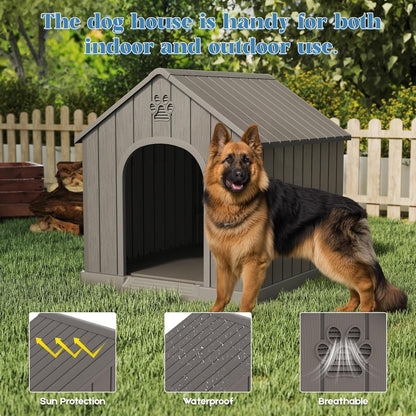 Large Dog House Outdoor Indoor for Medium Large Dogs, Durable Plastic Waterproof Doghouse with Air