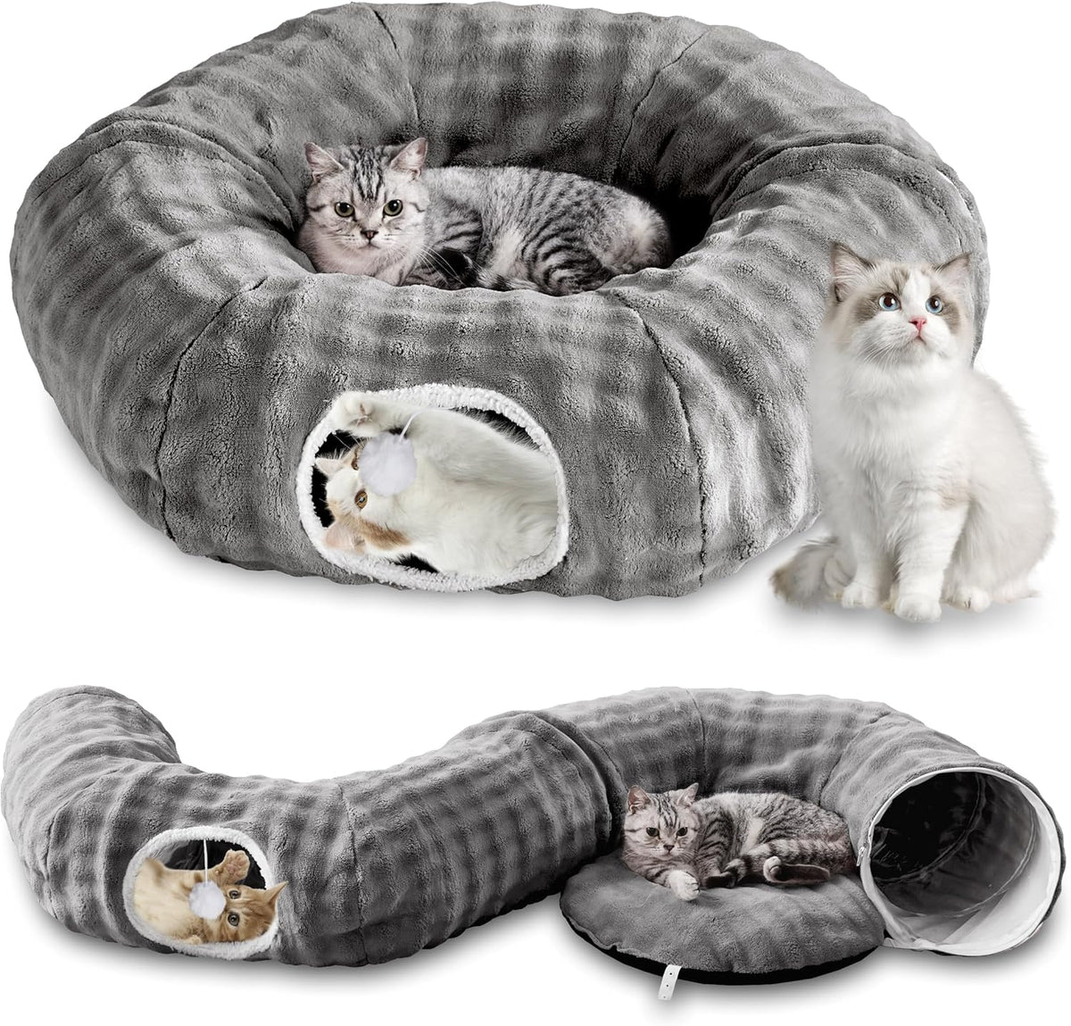 Bubble Cat Tunnel for Indoor Cats, Round Peekaboo Cave Toy with Dangling Balls, Donut Tunnel Bed