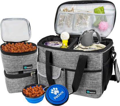 PetAmi Dog Travel Bag - Organizer with Food Container, Bowls & Accessories for Weekend Camping, Cat