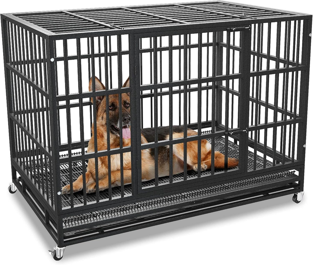 54/48/42/38 Inch Heavy Duty Dog Crate Cage with Wheels, Indestructible and Escape Proof Steel