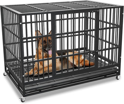 54/48/42/38 Inch Heavy Duty Dog Crate Cage with Wheels, Indestructible and Escape Proof Steel